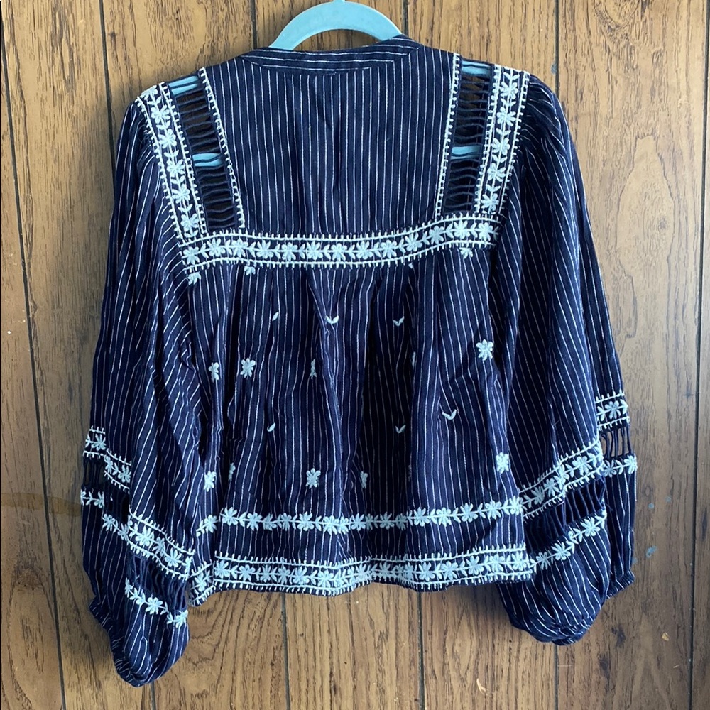 Free People Blue and White Embellished Boxy Blouse - Picture 5 of 7